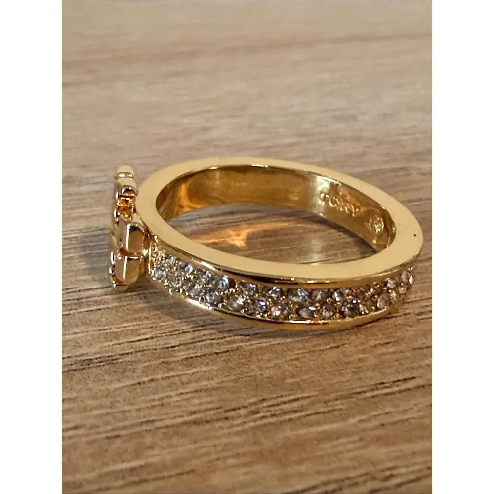 Tory Burch Gold Tone Crystal Miller Logo Ring Size 8 Pavé Rhinestone